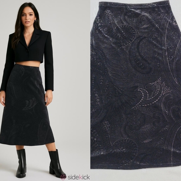 Vintage Dresses & Skirts - Kathie Lee Whimsigoth Vintage 90s Black Gray Paisley Velvet A-line Maxi Skirt M